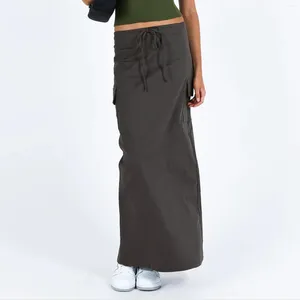 Skirts Y2k Cargo Long Skirt For Women Low Waist Drawstring Maxi Punk Vintage Slit Pencil Midi With Pockets Streetwear
