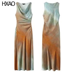 Two Piece Dress HXAO satin printed dress for womens summer 2024 tie dye sleeveless luxury elegant evening pleated Q240511