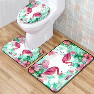 Badmattor flamingo mönster toalett tredelar set anti glid lock täckmatta badrum för