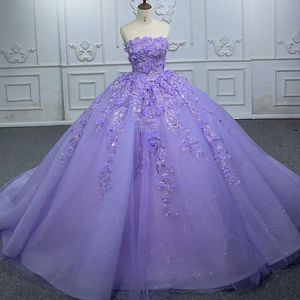 Lavender Shiny Quinceanera Dress of the ramion imprezowy suknia księżniczka koronkowe aplikacje Krzyki kryształowe na 16 lat sukienki ślubne vestidos de novia