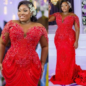 ASO EBI 2024 RED MERMAID PROM DRESS 스팽글 고급스러운 구슬 크리스탈 이브닝 파티 공식적인 두 번째 리셉션 생일 완전한 무도회 가운 LF005