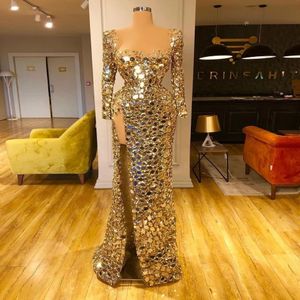 Złoto sexy Sukienki wieczorowe syreny 2021 Wysokie dzielone cekinowe suknie imprezowe