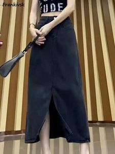スカートミッドカーフスカート女性デニムスプリングサマーベントAラインスリム伸縮性のあるソリッドシンプルシンプルな韓国スタイルデイリーオフィスレディエレガントアドバンスY240513