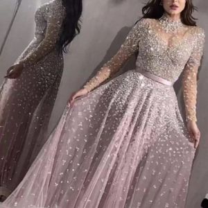 Luxury Blush Pink Prom Dresses high neck A Line sequined Beaded Crystals Floral Applique Wateau Train Rhinestone Formal Evening Party G 225b