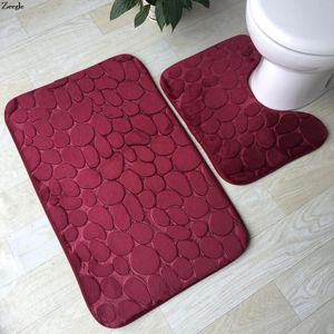 Badmattor Solid 3D Stone 2st Toalettuppsättning Anti-halkgolvminnesskum Badrumsmattor mjukt mattan