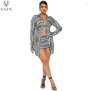 Work Dresses VAZN 2024 Luxury Designer Young Striped Sexy Chiffon Full Sleeve X-Long Shirt Mini Pencil Skirts Skinny Women 2 Piece Set