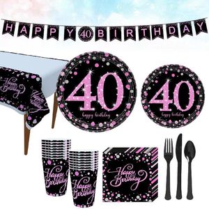 使い捨て食器114pcs装飾バナーセタティブセットパーティー1枚の黒い銀とピンクのテーマのバンティングテーブルクロス
