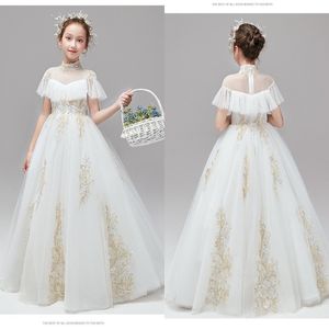 2021 First Holy Communion Dresses High Neck Ivory Tulle Gold Embroidered Boho Short Sleeves Flower Gilr Dress For Wedding Toddler Eveni 308V