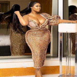 2021 Arabiic Plus Size Ara Aso Ebi Gold Sexy Stylowe sukienki na studniówkę cekinową osłonę Kostka Wieczór Formalny impreza Druga sukienki przyjęcia Z 311C