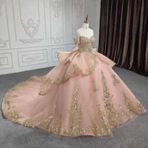 Розовые платья Quinceanera Ball Gown Corset Princess Dress Gold Appliques кружевные бусинки Tull Vestidos 15 de Quinceanera Sweet 16 лет