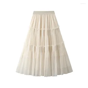 Skirts 2024 Spring Black Ear Edge Mesh Elastic Slimming Fairy Cake Skirt Large Hem Mid Length Half A-line