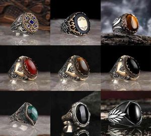 New Retro Turkish Handmade Silver Color Men Rings Vintage Carved Hollow Pattern Black Zircon Stone for Women Punk Jewelry28410945446540
