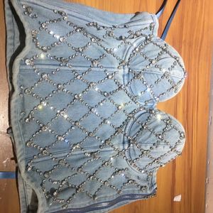 Womens denim tube top tight fitting corset cut top diamond beaded strapless vest lace up zipper Bustier bra nightclub party vest top 240508