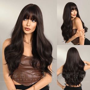 Womens long hair wig full head set with brown black bangs and large waves natural ventilation fluffy synthetic fiber wig