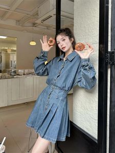 Casual Dresses Fashion Women Denim Shirt Spring Summer Long Sleeve Single-Breasted Mini A-Line Pleated Dress Lady Vestido