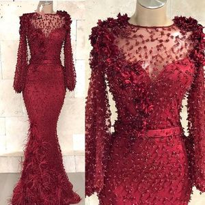 Skräddarsydd festklänning sexiga prom klänningar kristaller enorma mantel de soiree sjöjungfru burgundy formella klänningar långa ärmar fjädrar prom klänningar 268z