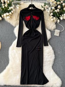 Vestidos casuais espumlina chinês retro estilo 2 peças conjunto mulheres elegantes o pescoço de manga longa halter halter slim bodycon midi roupas