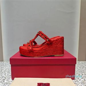 대마 로프 꼰 경사 힐 슬리퍼 여성 진정한 가죽 새로운 패션 워터 플랫폼 두꺼운 단독 샌들 여성 신발