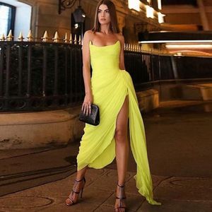 Special Design Yellow Evening Dress Scoop Sleeveless Zipper Back Side Slit A-Line Chiffon Prom Dresses Ankel Length Party Gowns 241O