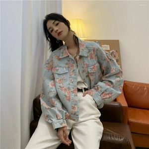 Women's Jackets Spring Denim Cropped Jacket Vintage Floral Print Single Breasted Short Jeans Female Casual Long Sleeve Loose Coat