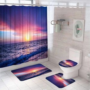 Cortinas de chuveiro cortinas do oceano tropical ondas marítimas do sol nascer do sol, cenário de praia roxa com tampa do banheiro de tapete de tapete de banho