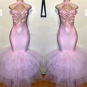 Blush Pink Mermaid Prom Dresses 2020 Halter 3D Flowers spetsapplikationer Kvällsklänningar plus storlek Afrikansk formell festklänning BC3986 293N