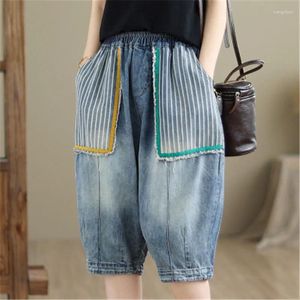 Kvinnors jeans ankomst 2024 Summer Arts Style Women Elastic midja Patchwork Cotton Denim Harem Pants Big Pocket Vintage beskuren