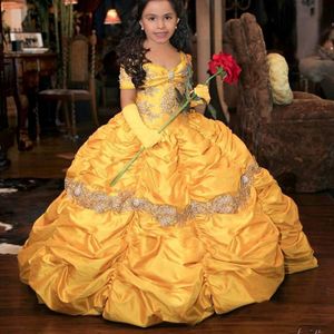 Желтая ретро -ретро -принцесса бальный платье цветочниковые платья с кружевными таффата маленькая девочка.
