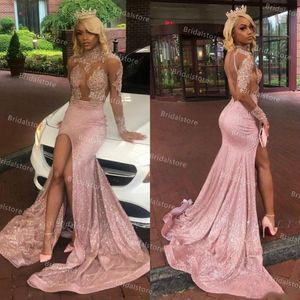 Sparkly Pink paljett sjöjungfru aftonklänning 2021 Se genom Top Lace Open Back African Long Sleeve Prom -klänningar med slits Black Girls Ni 183T