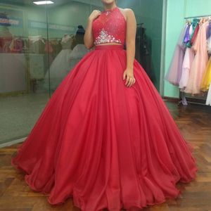 Sparkly Ball Gown Quinceanera Dress Sexy Open Back Two Piece Halter Lace up Crystal Sweet 16 Dresses Girls 15 Birthday Gowns 2757