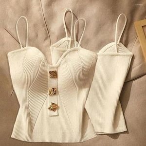 Women's Blouses Women Vest Stylish Knitted Crop Top With Padded Spaghetti Straps Backless Design V Neck Button Decor Camisole For A
