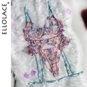 Sexig uppsättning ellolace fairy underkläder blommor transparent underkläder ruffle strumpor intim delikat vackra se genom kläder q240511