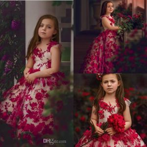 2020 Söt balsal Flower Girl Dresses Jewel Neck 3D Floral Appliced ​​Long Girl Pageant Gowns Ruffle Golvlängd Anpassad Birthday 303o