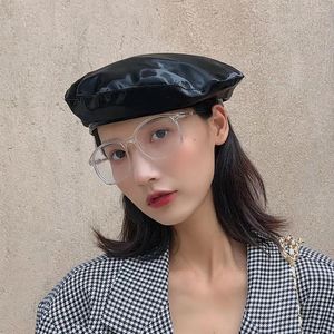 Berets Retro Vintage Fashion Soild Color Dainter Cap Outdoor Pu Leather Hat Female Corean Style