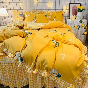 Bedding Sets Duvet Cover Set Avocado Korean Princess Style Bed Skirt Thick King Size Plant Flower Cartoon Yellow Pattern 4PCS