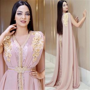 Dubai Abaya Kaftan Różowe sukienki wieczorowe 2021 Seksowne V szyfry Gold Złota Aplikacja Kościa Długa suknia balowa marokańska formalna suknia imprezowa D 311J