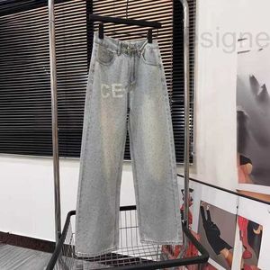 Women's Jeans designer brand 2024 Spring New Ce Advanced Hot Diamond High Waist Washed Straight Leg Pants for Versatile Light Blue Loose P147