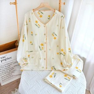 Kadın pijama 2024 İlkbahar/Yaz Pijama Seti Pamuk Krep V-Neck Cardigan Bayanlar Göğüs Yumuşak Homewear ile İki Parça