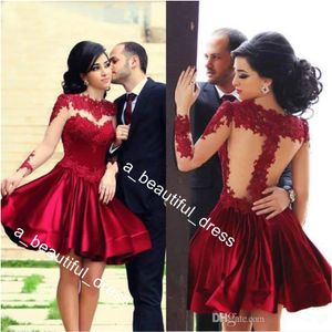 Party Events Special Occasion Burgundy Homecoming Dresses A-line High Collar Long Sleeves Appliques Lace Elegant Short Cocktail Dresses 2720