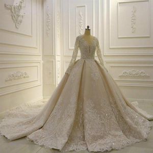 Suknia balowa sukienki ślubne kryształowy perłowy koralik v szyja długie rękawie pociąg ślubny suknie ślubne