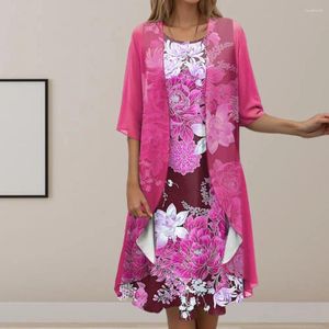 Casual Dresses Women Dress Coat Set Elegant Floral Print MIDI med ren mesh cardigan Kvinnans knälängd o Neck för mitten avåldrade