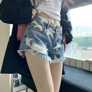 Women's Shorts Vintage Blue Ragged Edge Jeans For Women Y2k Grunge High Waist Hole Denim 2024 Summer Thin Star Printed Short Pants