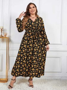 Plus size Dresses Plus Size Wrap V Neck Womens Long Slve Dress Drawstring Waist Belt Robe Floral Print Female Autumn Fall Elegant Clothing Y240510