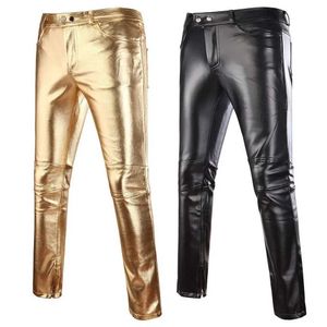 Men's Pants Mens tight fitting shiny gold silver black PU leather pants motorcycle mens nightclub stage pantsL2405