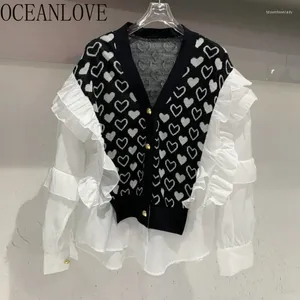 Kadın Knits Oceanlove Ruffles v Boyun Sonbahar Kış Kadınlar hırkalar Kore Moda Baskı Aşk Sweaters Vintage Zarif Ropa De Mujer