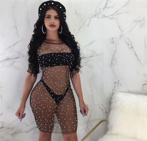 Siyah Bikini Plajı Örtüsleri Kadınlar Beyaz Parlak Sızdırmazlık Mesh Fishnet Elbise Mayo için Banyo Smock Plaj Giyseni Sarongs2976005