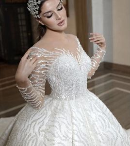 Modest Illusion Neck Bride Dress Sparkly Beads Long Sleeves Lace Up Sequins Wedding Dresses 2024 Luxury Ball Gown Vestido De Novia Customed