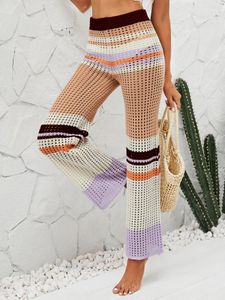 Calça feminina multi -color crochet malha longa feminina primavera verão casual calça de cintura média férias listradas