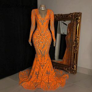 Orange se genom prom klänningar sydafrikanska spetsar långa ärmar sjöjungfru aftonklänningar svep tåg formell festklänning skräddarsydd 297 år