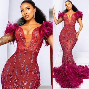 ASO EBI 2024 Burgundy Mermaid Prom Dresses Feather Feather Enclisted Lace Evening Party Second Second Sextreen